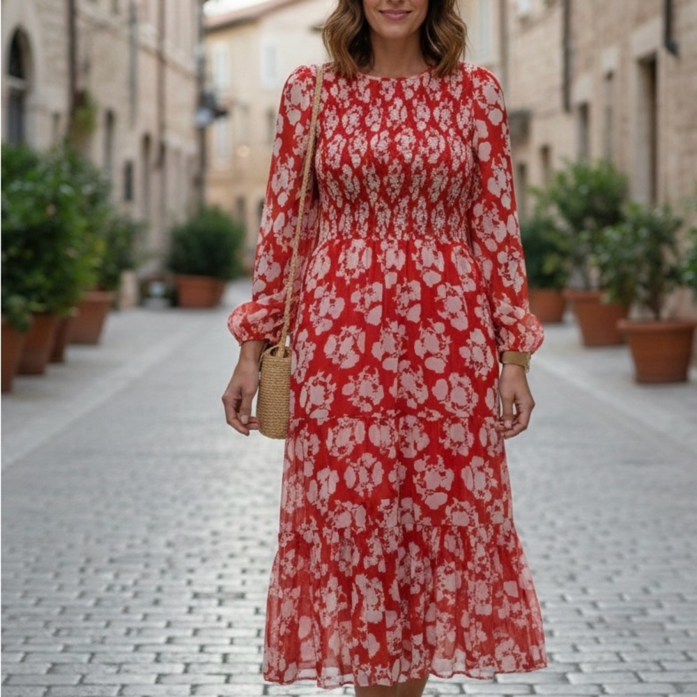 Chic Red Floral Long Sleeve Dress